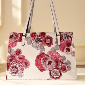 DKNY Floral Purse NWOT,gold pin-mount logo,genuine leather,center zip tote,work